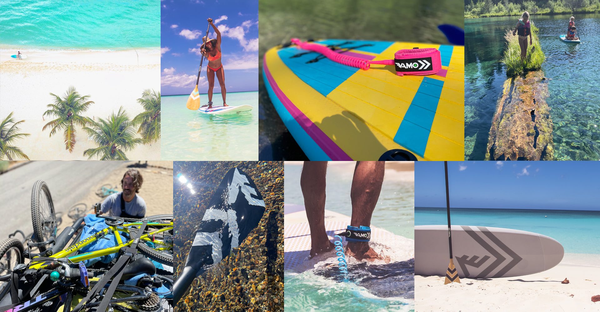 VAMO Collage of pictures, SUP Paddleboards, paddleboard leashes, sup adjustable paddles, uv board covers