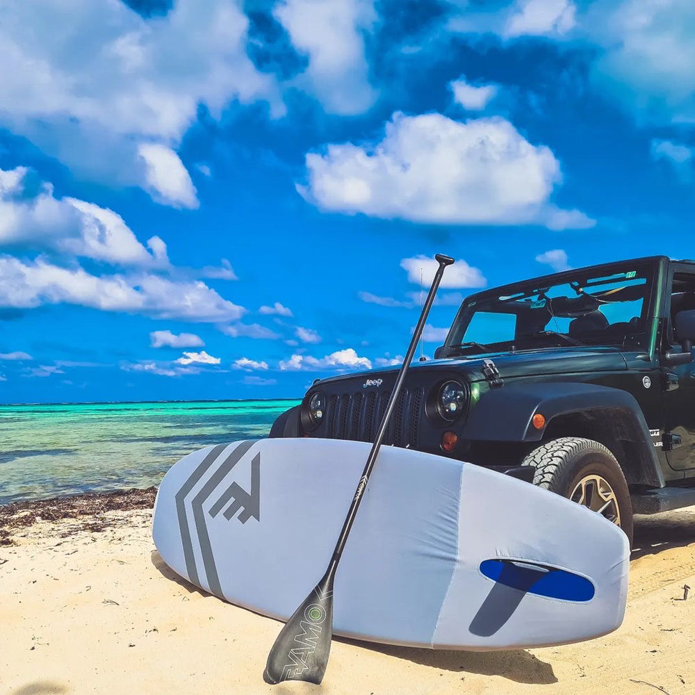 VAMO Full carbon SUP paddle with VAMO UV board cover. 