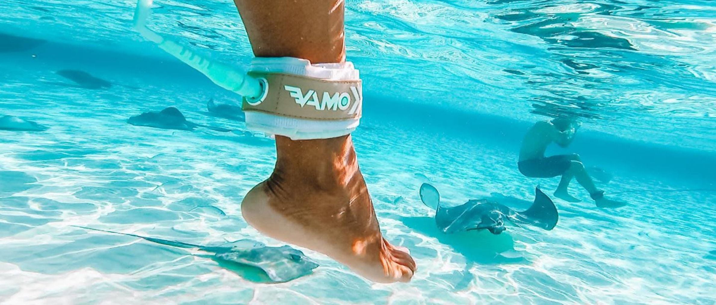 Person wearing a 'PAMO' branded ankle band in clear blue water with a shark nearby.
